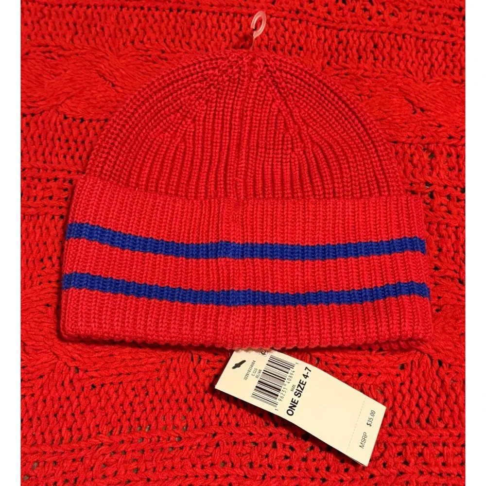 Polo Ralph Lauren Kids Red Blue Striped Ribbed Knit Beanie Hat One Size 4-7 NEW